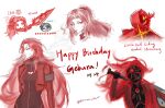  1girl autumn_akiii bodysuit breasts chibi e.g.o_(project_moon) gebura_(project_moon) happy_birthday heterochromia high_ponytail highres kali_(project_moon) library_of_ruina limbus_company little_red_riding_hooded_mercenary lobotomy_corporation long_hair mimicry_(e.g.o) ponytail project_moon red_hair rien_(project_moon) simple_background white_background 