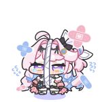  1girl ahoge bandages bandaid black_bow bow chibi chibi_only commentary_request crying crying_with_eyes_open denia_(wuthering_waves) dress flying_sweatdrops hair_bow hair_intakes highres long_hair multicolored_hair pink_hair purple_eyes sad solo standing syurikenmaru tearing_up tears two-tone_hair white_background white_dress wuthering_waves 