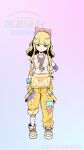  1girl :3 absurdres blonde_hair blue_eyes blunt_bangs commentary_request crop_top hand_on_own_hip high_ponytail highres long_hair looking_at_viewer mahou_shoujo_ni_akogarete midriff navel official_art ononaka_akihiro overalls phone_holder pink_ribbon ponytail ribbon serious shirt shoes sneakers striped_clothes striped_shirt tenkawa_kaoruko yellow_overalls 