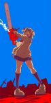  1girl artist_name blonde_hair blue_sky bow brown_shoes cardigan chainsaw commentary_request facing_viewer furrowed_brow hair_bow highres holding holding_chainsaw kneehighs medium_hair miniskirt multiple_hair_bows neckerchief oisiiidoo open_cardigan open_clothes open_mouth original red_neckerchief school_uniform serafuku shoes short_twintails skirt sky smoke socks standing swinging_weapon twintails 