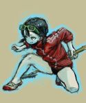  1girl bad_drawr_id bad_id black_buruma black_hair blue_outline broom brown_background brown_eyes buruma closed_mouth colored_skin copyright_request eyewear_on_head full_body glasses green-framed_eyewear grey_skin holding holding_broom jacket jonpei low_twintails oekaki outline red_jacket sandals simple_background solo squatting track_jacket twintails 