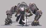 1girl absurdres animal_ears armor black_armor black_dress black_veil commentary_request dress floating_armor fox_ears fox_girl fox_tail full_body gauntlets grey_background guimpe highres holding holding_sword holding_weapon hushou896792 looking_at_viewer nun nun_headdress original own_hands_together planted planted_sword red_eyes simple_background sword tail traditional_nun veil weapon white_hair white_tail 