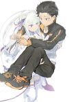  1boy 1girl absurdres arm_around_neck black_hair black_pants black_shoes braid carrying carrying_person closed_mouth commentary_request elf emilia_(re:zero) eye_contact flower gem green_gem hair_flower hair_ornament hair_ribbon highres jacket looking_at_another mihuashi_logo mihuashi_username natsuki_subaru pants pointy_ears princess_carry purple_eyes purple_ribbon re:zero_kara_hajimeru_isekai_seikatsu reverse_princess_carry ribbon shoes sidelocks simple_background thighhighs track_jacket white_background white_flower white_hair white_thighhighs xiangsi_de_nan_niang_4439 