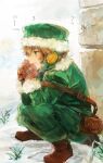  1boy 8'108 bag boots brown_bag brown_boots brown_gloves buttons coat commentary_request fur-trimmed_coat fur_trim gloves green_coat green_hat gunner_(sekaiju) gunner_1_(sekaiju) hands_up hat male_focus open_mouth outdoors profile sekaiju_no_meikyuu sekaiju_no_meikyuu_2 snow solo squatting ushanka white_background 