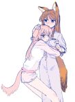  2girls animal_ears baiyupiao bang_dream! bang_dream!_it's_mygo!!!!! blue_eyes blush brown_hair chihaya_anon dog_ears dog_girl dog_tail dolphin_shorts dress fox_ears fox_girl fox_tail grey_eyes hand_on_another's_head hood hoodie hug kemonomimi_mode long_hair multiple_girls nagasaki_soyo onesie pink_hair pink_hoodie pink_shorts purple_dress shorts simple_background tail white_background yuri 