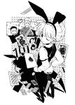  1girl 2boys animal_ears arms_behind_back biscuit_krueger blush bouquet card commentary_request fake_animal_ears fake_tail floating_card highres holding holding_bouquet hunter_x_hunter kazuto_kohjima marayam_hui_guo_rou monochrome multiple_boys one_eye_closed playboy_bunny playing_card smile tail updo vergei_(hunter_x_hunter) 
