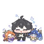  +++ 1boy 2girls :> ahoge black_gloves black_hair black_jacket black_pants black_suit blue_eyes blue_hair blush blush_stickers bow braid chibi chibi_only closed_eyes closed_mouth commentary_request dress gloves green_eyes hair_bow hair_ornament hat highres holding_hands iuno_(wuthering_waves) jacket long_hair low_twin_braids male_rover_(wuthering_waves) multiple_girls necktie one_eye_closed open_mouth orange_hair pants parted_bangs rover_(wuthering_waves) shirt short_hair sigrika_(wuthering_waves) simple_background smile squeans suit syurikenmaru twin_braids twintails very_long_hair vest white_background white_dress white_hat wuthering_waves 