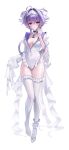  12uuu07 1girl absurdres alternate_costume anchor_necklace breasts collarbone commentary frilled_leotard frilled_thighhighs frills full_body goddess_of_victory:_nikke hair_intakes hairband highres jellyfish_girl jewelry korean_commentary leotard liberalio_(nikke) medium_breasts necklace pink_eyes purple_hair shoes short_hair_with_long_locks simple_background solo thighhighs thighs white_background white_hairband white_leotard white_thighhighs 