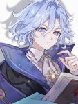  1boy ahoge ascot black_jacket blue_hair book cape collared_jacket collared_shirt commentary_request eyelashes fingernails gem genshin_impact hair_between_eyes hand_up high_collar highres holding holding_book jacket jewelry looking_at_viewer male_focus mitya_(genshin_impact) open_clothes open_jacket pendant purple_cape purple_eyes shadow shirt short_hair simple_background solo sparkle teeth upper_body w02_14 wavy_hair white_ascot white_background white_shirt yellow_gem 