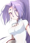  1girl alternate_costume breasts chinese_clothes commentary_request dress hair_between_eyes hatsuharu_(kancolle) hikimayu kantai_collection kimura_shiki long_hair looking_at_viewer medium_breasts ponytail purple_hair qipao short_eyebrows short_sleeves simple_background solo thick_eyebrows upper_body white_background white_dress 