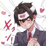  1boy aijou_rentarou black_jacket blush brown_hair clenched_teeth closed_eyes clutching_chest commentary emphasis_lines hair_between_eyes hands_on_own_chest headband heart jacket kimi_no_koto_ga_dai_dai_dai_dai_daisuki_na_100-nin_no_kanojo male_focus necktie red_necktie shirt simple_background solo sweat syuuka617 teeth thick_eyebrows translated v-shaped_eyebrows watermark white_background white_shirt wing_collar 