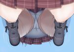  1girl absurdres ass black_boots blue_archive boots cameltoe commentary crotch_seam from_above highres kayoko_(blue_archive) kirisame0729 miniskirt panties plaid_clothes plaid_skirt pleated_skirt red_skirt reflection reflection_focus skirt solo standing underwear white_panties 