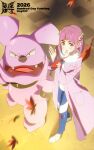  2girls arched_bangs autumn_leaves blue_pants blush brown_eyes cardigan collared_shirt crossed_wrists demonqz7 fangs gloves granbull hair_ornament hairclip highres it's_just_not_right! lacey_(pokemon) leaf long_sleeves looking_at_viewer multiple_girls open_clothes open_mouth pants pink_cardigan pink_hair pokemon pokemon_(creature) pokemon_scarlet_and_violet purple_cardigan red_gloves shirt short_hair single_glove white_shirt x_arms yellow_eyes 