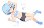  1boy arm_up bare_arms bare_shoulders bike_shorts bilingual_commentary blue_hair blue_shoes blue_socks blush closed_mouth commentary commission english_commentary full_body hair_over_one_eye hand_up hat highres indie_virtual_youtuber long_sleeves looking_at_viewer lying male_focus mixed-language_commentary navel noa_noelle on_back saga_inu shoes short_hair sidelocks simple_background skeb_commission smile socks solo trap virtual_youtuber white_background white_hat yellow_eyes 