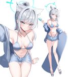  1girl absurdres alternate_costume animal_ear_fluff animal_ears bikini blue_archive blue_bikini blue_jacket blue_shorts blush breasts breasts_apart collarbone commentary cutoffs denim denim_shorts flip-flops full_body grey_eyes grey_hair grin hair_between_eyes halo hand_up hands_up heterochromia highres jacket large_breasts long_hair looking_at_viewer multiple_views navel open_clothes open_jacket parted_lips sandals shiroko_(blue_archive) shorts smile standing stomach swimsuit untranslatable_commentary very_long_hair wgff4824 wolf_ears wolf_girl 