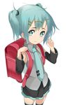  backpack bag detached_sleeves hair_ornament hairclip hatsune_miku looking_at_viewer necktie randoseru simple_background skirt smile solo tamakorogashi thighhighs twintails vocaloid white_background younger 