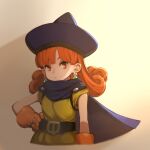  1girl alena_(dq4) arm_at_side belt black_belt blue_cape blue_hat breasts cape closed_mouth commentary_request cropped_torso curly_hair dragon_quest dragon_quest_iv dress earrings gloves hand_on_own_hip hat highres jewelry jun_(navigavi) long_hair looking_at_viewer nose orange_gloves orange_hair red_eyes shade short_sleeves small_breasts solo yellow_dress 
