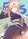  1girl absurdres artist_name belt black_jacket black_skirt blue_eyes breasts collared_shirt commentary_request cropped_jacket fate/grand_order fate_(series) highres holding holding_sword holding_weapon jacket katana large_breasts long_sleeves miyamoto_musashi_(academy_outfit)_(fate) miyamoto_musashi_(fate) over_shoulder panties panty_peek pink_hair shiki_zzy shirt skirt smile sword sword_over_shoulder underwear weapon weapon_over_shoulder white_belt yellow_panties 