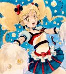  1girl :d blonde_hair blue_background blue_ribbon blue_skirt blue_sleeves bow cheerleader commentary_request crop_top cure_honey cure_honey_(popcorn_cheer) earrings food frilled_skirt frills hair_ribbon happinesscharge_precure! heart heart_earrings highres holding holding_pom_poms jewelry long_hair looking_at_viewer midriff oomori_yuuko open_mouth pleated_skirt pom_pom_(cheerleading) popcorn precure red_bow red_ribbon ribbon shirt short_sleeves skirt skirt_bow smile solo traditional_media twintails two-tone_ribbon uwded_207 white_shirt yellow_eyes 