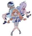  3girls bare_shoulders body_markings brown_hair closed_mouth denia_(wuthering_waves) fur-trimmed_jacket fur_trim gloves hat jacket long_hair looking_at_viewer multicolored_jacket multiple_girls nivora_(wuthering_waves) orange_hair pink_hair purple_jacket purple_shorts red_gloves shorts sigrika_(wuthering_waves) simple_background sitting smile tacet_mark_(wuthering_waves) tsu_zd two-tone_jacket veil white_background white_hat white_veil wuthering_waves 