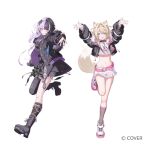  2girls :d animal_collar animal_ears arm_warmers arms_up asymmetrical_legwear bandaid bandaid_hair_ornament belt black_boots black_coat black_collar black_dress black_hair black_jacket black_socks black_thighhighs blonde_hair blue_eyes boots breasts coat collar colored_shoe_soles commentary_request copyright_notice crop_top cropped_jacket cropped_shirt crossed_bangs dog_ears dog_girl dog_tail double-parted_bangs dress fake_horns fishnet_socks fishnets frilled_shorts frills full_body fur-trimmed_coat fur-trimmed_jacket fur_trim grey_hair grin hair_between_eyes hair_intakes hair_ornament hairband headphones headphones_around_neck hololive hololive_english horn_hairband horns jacket kneehighs lace-up_boots large_breasts layered_dress long_hair long_sleeves looking_at_viewer mismatched_legwear mococo_abyssgard mococo_abyssgard_(1st_costume) multicolored_hair multiple_girls nana_tetra navel official_art open_mouth outstretched_arm outstretched_arms pink_belt pink_hairband pink_streaks platform_boots puffy_long_sleeves puffy_sleeves shiori_novella shiori_novella_(1st_costume) shirt shoes short_dress short_hair short_shorts shorts simple_background single_kneehigh single_sock single_thighhigh smile sneakers socks spiked_collar spikes split-color_hair stomach streaked_hair striped_clothes striped_thighhighs tail thighhighs two_side_up uneven_legwear virtual_youtuber white_arm_warmers white_background white_shirt white_shoes white_shorts x_hair_ornament yellow_eyes 