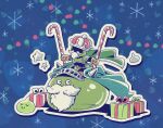  1boy armor beard blue_background blue_cape cape christmas_present commentary_request crown dragon_quest facial_hair full_body gift grandpa_slime male_focus outline sirokitten slime_(dragon_quest) slionheart solo white_outline 