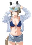  1girl absurdres adjusting_clothes adjusting_headwear anchor_print anchor_symbol animal_ears arms_up belt bikini bikini_bottom_under_shorts bikini_under_clothes blue_belt blue_bikini blue_eyes blush breasts brown_hair cheval_grand_(umamusume) cleavage closed_mouth collarbone commentary_request cowboy_shot ear_covers front-tie_bikini_top front-tie_top grey_jacket grey_shorts halterneck hat hat_belt highres horse_ears horse_girl horse_tail jacket large_breasts long_sleeves multicolored_hair navel open_clothes open_fly open_jacket open_shorts peaked_cap short_hair short_hair_with_long_locks shorts sidelocks simple_background solo stomach streaked_hair swimsuit tail tikatetu7facty torn_clothes torn_shorts umamusume white_background white_hat white_streaks 