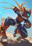  1boy armor black_eyes blonde_hair blue_sky commentary_request energy_sword forehead_jewel helmet highres holding holding_sword holding_weapon long_hair male_focus mega_man_(series) mega_man_zero_(series) omochi_(mochi_skymega) red_armor red_helmet sky solo sword weapon z_saber zero(z)_(mega_man) zero_(mega_man) 