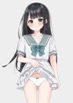  1girl aqua_bow arm_at_side black_hair blush bow bow_panties character_request clothes_lift commentary copyright_request cowboy_shot flashing grey_eyes grey_sailor_collar high-waist_skirt highres holding_own_skirt layered_skirt long_hair looking_at_viewer miniskirt nako_(mi0907_mi) panties panties_day parted_lips raised_inner_eyebrows sailor_collar school_uniform serafuku shirt short_sleeves skirt skirt_lift solo standing straight_hair sweat underwear very_long_hair white_panties white_serafuku white_shirt white_skirt 