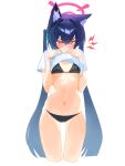  1girl absurdres alternate_costume angry animal_ear_fluff animal_ears aqua_ribbon bikini black_bikini black_hair blue_archive blush breasts cat_ears cat_girl clothes_lift commentary cropped_legs hair_ribbon halo highres long_hair looking_at_viewer lying navel on_stomach pink_eyes pink_halo presenting_own_body ribbon rokun serika_(blue_archive) shirt shirt_lift short_sleeves shout_lines simple_background small_breasts solo swimsuit twintails untranslatable_commentary very_long_hair white_background white_shirt 