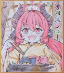  1girl :d bento black_sash blue_archive blunt_sidelocks blush character_name chopsticks colored_pencil_(medium) commentary_request explosive fang food gold_border grenade halo highres holding holding_chopsticks indoors japanese_clothes junko_(blue_archive) junko_(new_year)_(blue_archive) kimono kyouwashi long_hair obi official_alternate_costume open_mouth red_eyes red_hair red_halo red_sash sash shikishi shrimp sidelocks signature skin_fang sleeves_past_wrists smile sparkle sparkling_eyes traditional_media twintails two-tone_sash upper_body yellow_kimono 