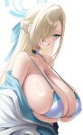  1girl absurdres asuna_(blue_archive) bare_shoulders bikini blonde_hair blue_archive blue_eyes blue_halo blush breasts choker cleavage collarbone commentary deep_skin grin hair_over_one_eye halo highres huge_breasts jacket long_hair looking_at_viewer mole mole_on_breast ring_light_reflection sideboob skindentation smile solo suigetu26 swimsuit underboob very_long_hair white_bikini white_jacket 