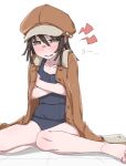  1girl @_@ bakemonogatari barefoot black_one-piece_swimsuit blush bow breasts brown_bow brown_eyes brown_hair brown_hat brown_jacket choppy_bangs cleavage collarbone commentary crying crying_with_eyes_open ear_blush embarrassed flustered hair_between_eyes half-closed_eyes hat hat_bow highres jacket jacket_on_shoulders jacket_over_swimsuit long_sleeves medium_hair monogatari_(series) nao_art newsboy_cap nose_blush notice_lines old_school_swimsuit on_floor one-piece_swimsuit raised_eyebrow school_swimsuit self_hug sengoku_nadeko simple_background sitting small_breasts solo swimsuit tearing_up tears tile_floor tiles translated wariza wavy_mouth white_background 