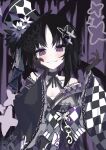  1girl bare_shoulders black_gloves black_hair black_hat black_kimono bow butterfly_hair_ornament butterfly_hat_ornament checkered_sleeves commentary_request dress floral_print floral_print_kimono flower frilled_sleeves frills furisode gloves hair_ornament hand_on_own_face hat hat_flower hat_ornament highres housho_margo japanese_clothes kimono lolita_fashion long_sleeves looking_at_viewer mahou_shoujo_no_majo_saiban mini_hat mini_top_hat neck_ribbon off-shoulder_dress off_shoulder onyannko00 print_kimono purple_eyes ribbon short_hair smile solo straight-on teeth top_hat upper_body wa_lolita wide_sleeves 