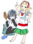  apron apron_pocket bangs_pinned_back barefoot belarus belarusian_flag black_hair black_leggings black_pants black_sleeves blonde_hair blue-framed_eyewear blue_eyes blue_slippers blue_trim blush drawstring dress eating feet flat_chest floral_print food frilled_dress frilled_skirt frills glasses hair_ribbon hand_up highres holding holding_food hood hoodie japanon leggings lerochka long_hair looking_at_another medium_hair non-web_source object_in_pocket open_mouth original pants paulinka_(japanon) peace_symbol pillow pocket pointing pointing_up ponytail potato ribbon round_eyewear russian_anti-war_flag russo-ukrainian_war shirt_under_sweater shoes short_sleeves sitting sitting_on_pillow skirt slippers sneakers spiral_potato striped_hair sweater toes tongue towel transparent_background wavy_hair white_apron white_skirt 
