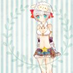  1girl belt belt_buckle belt_pouch bikini bikini_top_only blue_background blue_eyes blue_shorts blush bow breasts brown_belt buckle cleavage closed_mouth commentary_request cowboy_shot dormir_(challco) expressionless hair_bow looking_at_viewer medium_breasts midriff navel pouch ragnarok_online red_bow sheep_hat short_hair short_shorts shorts solo star_(symbol) striped_background swimsuit white_bikini whitesmith_(ragnarok_online) 
