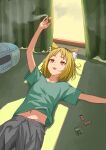  1girl :3 absurdres animal_ear_fluff arm_up black_hair blonde_hair cd_player clothes_lift commentary_request curtains drawstring drugs etsushimaru_yakuko green_pasties green_shirt highres indoors joint_(drug) lying marijuana multicolored_hair navel on_back parted_lips rolling_paper roots_(hair) shirt shirt_lift short_sleeves smile smoke solo syagare t-shirt teabag yani_neko yellow_eyes 