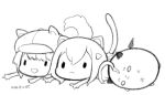  2girls :d animal_ears animal_hat capriccio cat_ears cat_girl cat_tail chibi closed_mouth commentary_request dated dog_ears dog_tail fake_animal_ears greyscale hair_between_eyes hair_ornament hairclip hat lying monochrome multiple_girls newsboy_cap on_stomach original pleated_skirt simple_background skirt smile tail white_background |_| 