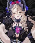  1girl absurdres aia_amare aia_amare_(necromancer) aqua_eyes black_bonnet black_dress blonde_hair blush bonnet breasts cleavage commentary copyright_notice dress drill_hair earrings english_commentary exposed_heart frilled_bonnet frills glasses gothic_lolita highres jewelry large_breasts lolita_fashion long_hair mole mole_under_eye nijisanji nijisanji_en nrnmarie official_art parted_lips solo symbol-shaped_pupils upper_body virtual_youtuber x-shaped_pupils 