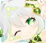  1girl ;) blush close-up closed_mouth commentary_request finger_frame genshin_impact green_eyes hair_between_eyes hair_ornament highres leaf_hair_ornament nahida_(genshin_impact) nana5863390 one_eye_closed portrait revision smile solo star-shaped_pupils star_(symbol) symbol-shaped_pupils twitter_username white_hair 