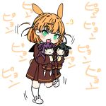  3girls :d animal_ears animal_slippers black_hair black_pantyhose blunt_bangs blunt_ends blush blush_stickers bob_cut brown_dress cerise_bouquet closed_mouth commentary_request crossed_bangs dress flower flower_knot green_eyes hair_bun hair_intakes hair_ornament hair_wagging hasu_no_sora_school_uniform hinoshita_kaho holding holding_mini_person kemonomimi_mode leg_up long_hair long_sleeves love_live! love_live!_hasu_no_sora_jogakuin_school_idol_club medium_dress medium_hair mini_person minigirl momose_ginko multiple_girls open_mouth orange_hair otomune_kozue pantyhose pleated_dress purple_hair rabbit_ears rabbit_girl rabbit_hair_ornament rabbit_slippers rabbit_tail sailor_collar sailor_dress school_uniform shinanoya_(satanicad) short_hair side_ponytail sidelocks single_side_bun slippers smile socks sound_effects tail two_side_up virtual_youtuber white_flower white_sailor_collar white_socks winter_uniform 
