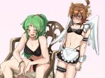  1boy 1girl angel_wings armband blush bra breasts chair commentary_request crossdressing crossdressing_(mtf) frilled_armband frilled_skirt frilled_thigh_strap frills green_hair high_ponytail japanese_ranguage_commentary kid_icarus kid_icarus_uprising large_breasts laurel_crown long_hair midriff navel on_chair open_mouth oyecomova08 palutena panties pit_(kid_icarus) ponytail short_hair sitting skirt standing sweat sweatdrop thigh_strap underwear white_wings wings wrist_cuffs 