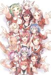  6+girls :d ;d animal_ear_fluff animal_ears arm_up baio_rin bell black_hair blonde_hair blue_eyes bonnouji_momoha bow brown_eyes brown_hair butterfly_on_hair cat_ears closed_eyes commentary dark-skinned_female dark_skin facing_viewer fang from_above glasses gradient_hair green_eyes green_hair hair_bow hair_ornament heart heart_hair_ornament hifumi_suu highres idol_clothes index_finger_raised jingle_bell kaho_eira kedarui_aashii kimi_no_koto_ga_dai_dai_dai_dai_daisuki_na_100-nin_no_kanojo long_hair looking_at_viewer meido_mai momi_momiji multicolored_hair multiple_girls nakaji_uto neck_bell nekonari_tama one_eye_closed open_mouth paw_pose pink_bow purple_eyes purple_hair red_eyes red_hair rentarou_family round_eyewear saiki_himeka sasarasa short_hair simple_background smile torotoro_kishika twintails white_background white_hair yakuzen_yaku yasashiki_yamame yellow_eyes 
