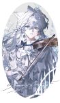  1girl absurdres animal_ears antenna_hair blue_eyes blue_gem blue_ribbon bow cat_ears cat_girl earrings eyelashes gem gloves hair_between_eyes highres holding holding_instrument holding_violin instrument jewelry long_hair original parted_lips ribbon sample_watermark sidelocks single_earring solo violin watermark white_bow white_gloves white_hair wu_tai_veeee 