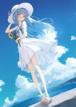  1girl arm_across_waist bare_arms bare_shoulders blue_hair blue_sky blush cloud commentary day dress dutch_angle flat_chest floating_clothes floating_hair flower flower_request from_below full_body haamon_(harmon) hand_on_headwear hand_up hat highres holding holding_flower horizon kotonoha_aoi long_hair looking_at_viewer looking_down low-tied_sidelocks ocean open_mouth outdoors pigeon-toed pink_eyes pink_flower purple_flower sandals sidelocks sky sleeveless sleeveless_dress smile solo spaghetti_strap standing sundress sunflower toes turning_head voiceroid white_dress white_flower white_hat yellow_flower 