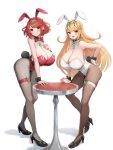  absurdres blonde_hair bow bowtie breasts cleavage commentary_request gonzarez hand_on_own_chest hand_on_own_hip high_heels highres huge_breasts long_hair low_neckline mythra_(xenoblade) pantyhose playboy_bunny pyra_(xenoblade) red_hair short_hair table thigh_strap tiara xenoblade_chronicles_(series) xenoblade_chronicles_2 