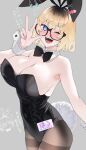 2girls :d ;d @_@ aki_(rerrere) animal_ear_hairband animal_ears black-framed_eyewear black_bow black_bowtie black_hair black_hairband black_leotard black_pantyhose blonde_hair blue_eyes blush bow bowtie breasts character_name chibi chibi_inset cleavage commentary cowboy_shot detached_collar embarrassed fake_animal_ears fake_tail glasses gradient_hair grey_background hair_ornament hairband hairclip hand_up haru_(rerrere) highres large_breasts leotard looking_at_viewer low_neckline multicolored_hair multiple_girls nail_polish name_tag one_eye_closed open_mouth original pantyhose pink_nails playboy_bunny rabbit_ear_hairband rabbit_ears rabbit_tail rerrere semi-rimless_eyewear short_hair simple_background smile solo_focus strapless strapless_leotard sweat tail translated under-rim_eyewear w wrist_cuffs 