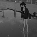  1girl absurdres collared_shirt commentary_request greyscale hair_over_eyes highres jacket long_hair long_sleeves miniskirt monochrome narue open_clothes open_jacket original photo_background pleated_skirt puddle reflection reflective_liquid shirt shoes skirt solo standing unworn_shoes wading water 