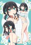  1girl absurdres aqua_eyes aqua_hair arm_across_waist arms_across_body bikini black_hair colored_inner_hair commentary cup drinking drinking_straw drinking_straw_in_mouth grid_background hands_on_own_arms highres holding holding_cup looking_at_viewer low_twintails medium_hair miyamai_moca multicolored_hair multiple_views short_twintails swimsuit tere_douga twintails voicepeak 