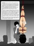 1boy 1girl absurdres barefoot bdsm black_hair bondage book bound clothed_male_nude_female completely_nude english_text glasses highres japanese_clothes kusujinn long_hair nude pile_of_books round_eyewear shibari short_hair upside-down 